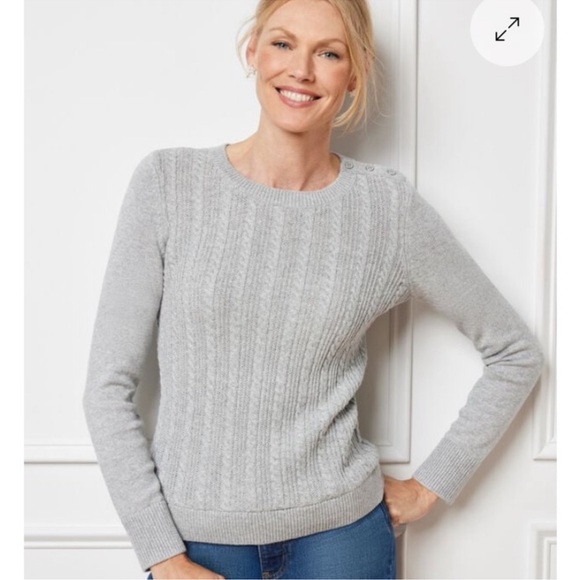 Talbots Soft Cable Crewneck Sweaters. Verdant Green/ Grey Sky Heather Metallic - Picture 10 of 13